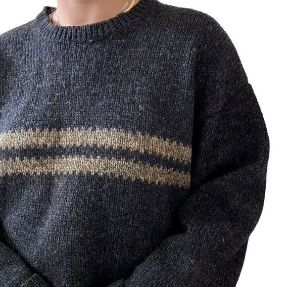 Vintage 1990s EMS Mens Wool Charcoal Gray Striped Chunky Distressed Sweater XL - Picture 5 of 10